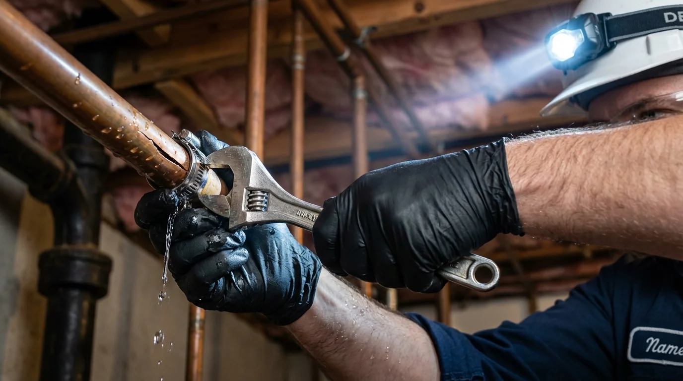 Emergency pipe clamp repair being performed by a Johns Plumbing LLC plumber in Penn Yan