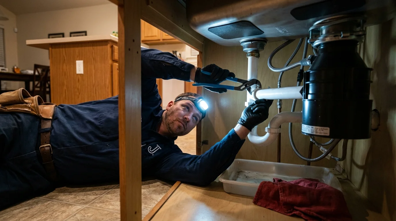 P-trap and supply line connections under a kitchen sink showing a common leak point in Penn Yan, NY